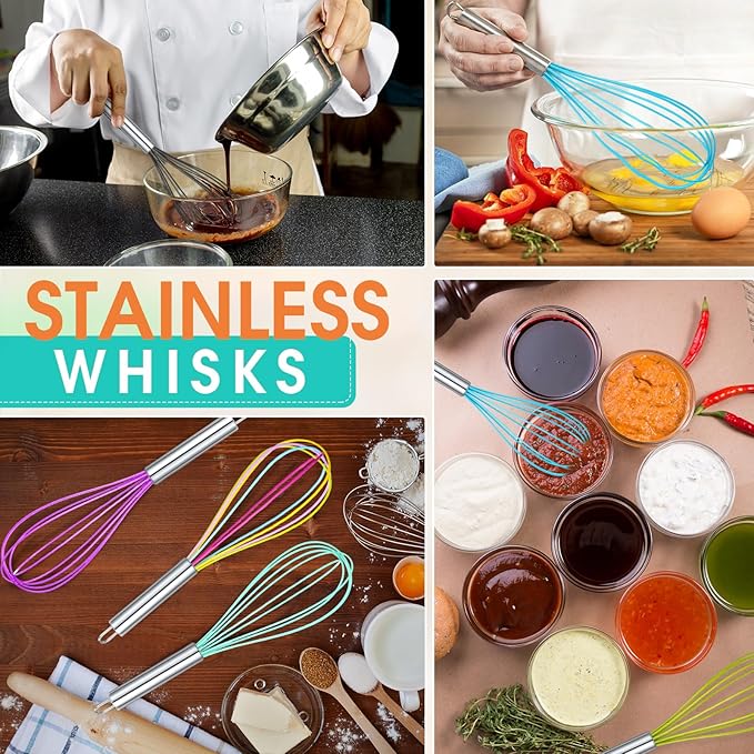 Domensi 24 Pcs 10 Inch Christmas Whisks Bulk for Cooking Silicone Whisks Non Scratch Stainless Steel Egg Beater Colorful Coated Metal Heat Resistant Egg Beaters for Holiday Party Favor Gift Supplies