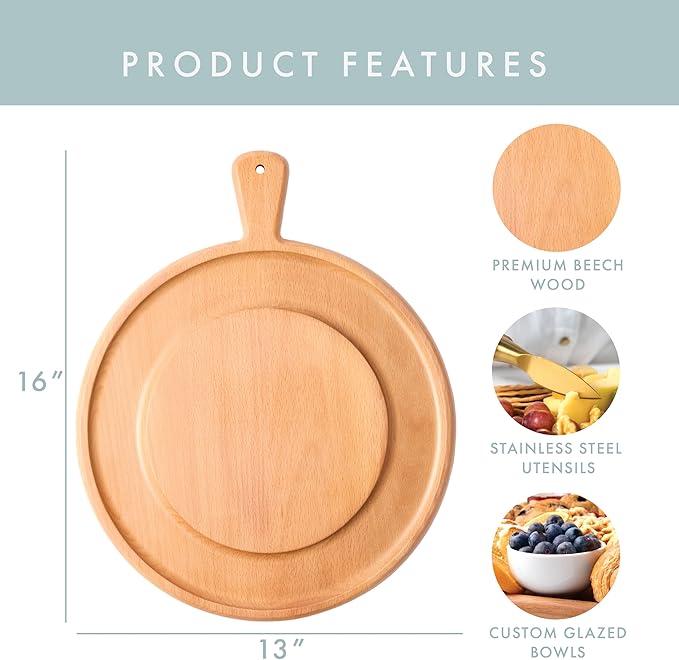 Charcuterie Board Set - Round Solid Wood Cheese Board for Serving with Accessories - House Warming Gifts for New Home, Bridal Shower & Wedding Gift, Birthday Gifts for Women