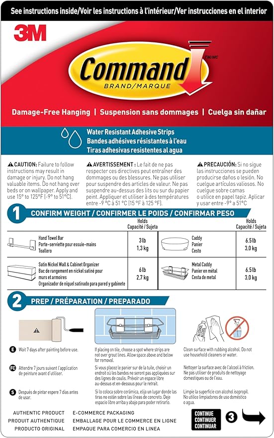 Command Shower Caddy Satin Nickel with Water Resistant Command Strips, Bathroom Organizer, Holds up to 6.5 lbs