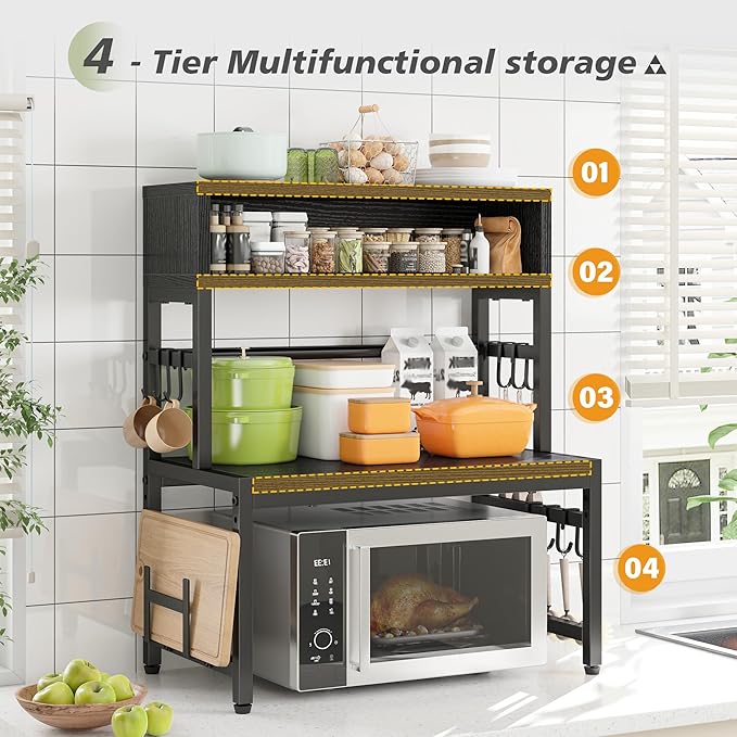 EnHomee Microwave Stand, 4-Tier with 9 Hooks for Kitchen Countertop Organizer, 205LBS Microwave Shelf, Adjustable Kitchen Shelves Microwave Stand with Storage and Microwave Oven Rack (Black)