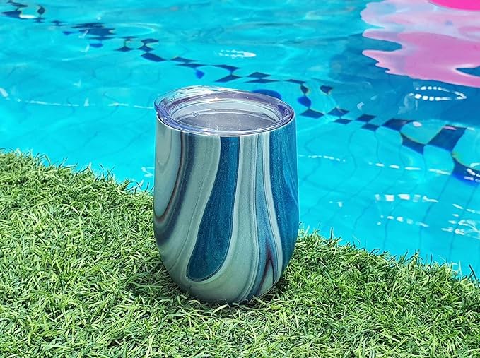 CHILLOUT LIFE 12 oz Stainless Steel Wine Tumblers 4 Pack - Double Wall Vacuum Insulated Wine Glasses Cups with Lids and Straws Set Keeping Cold & Hot for Coffee, Beer, Ice Cream - Ocean Marble Pattern