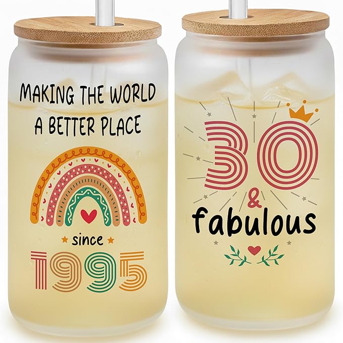 Vivulla68 30th Birthday Gifts For Women Men - 30 Year Old Gifts For Her Him - Thirty Birthday Ideas For Sister, Wife, Friend - 1995 Birthday Gift - 30th Frosted Glass Cup With Lid And Straw