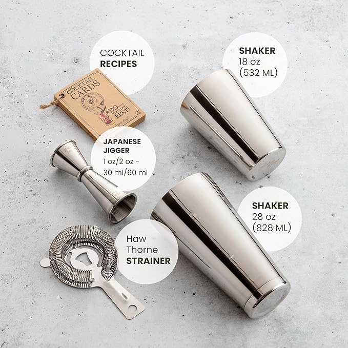 Mixology Cocktail Shaker Boston Shaker Set Professional Weighted Martini Shakers, Strainer and Japanese Jigger, Portable Bar Set for Drink Mixer Bartending, Exclusive Recipes Cards (Silver)