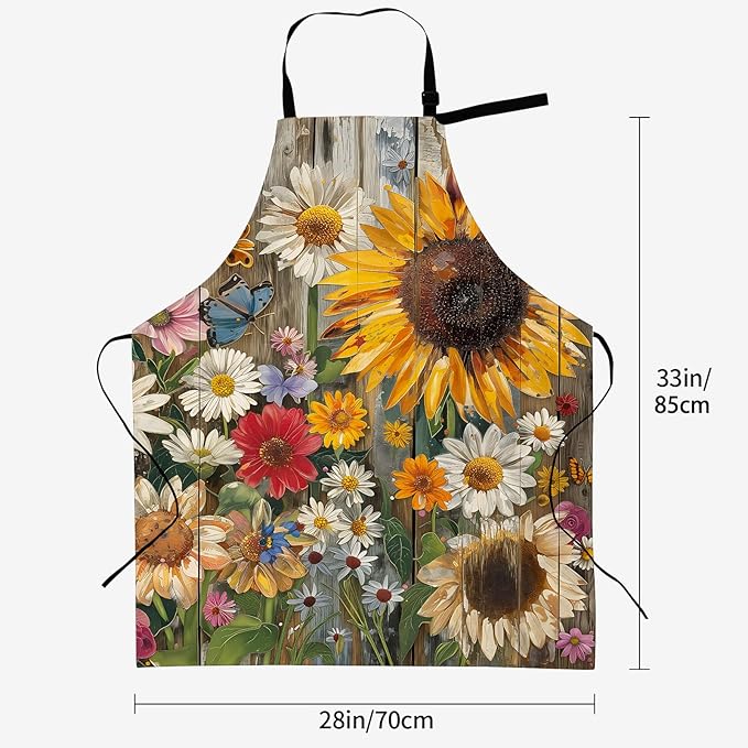 Vintage Sunflower Apron for Women, 28x33in, Kitchen Chef Aprons with 2 Pockets, Polyester, Farmhouse Apron for Cooking BBQ Baking Gardening Chef, Gifts for Mom Wife Dad
