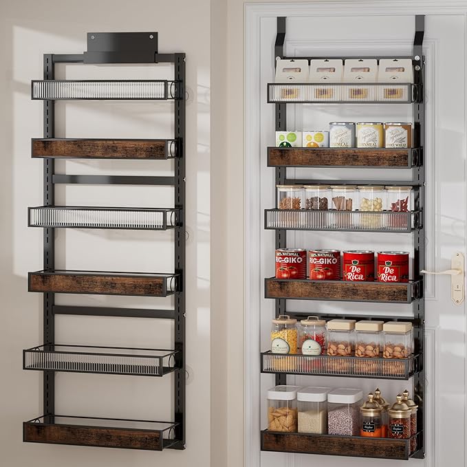 Over the Door Pantry Organizer,6 Tier Wall Mounted Hanging Spice Rack with Adjustable Basket,Heavy Duty Metal Back of Door Storage Shelf for Kitchen Pantry and Bathroom