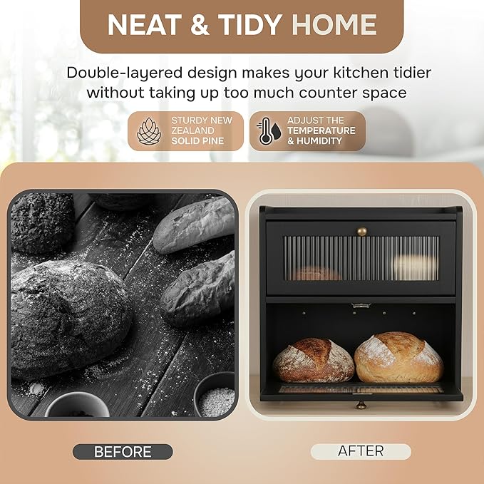 Bread Box for Kitchen Countertop - Wooden 2 Tier Bread Box with 10x Bread Bags and 10x Bread Bag Ties Vintage Breadbox Bread Storage Container Farmhouse Food Organizer Pantry Shelf (Black)