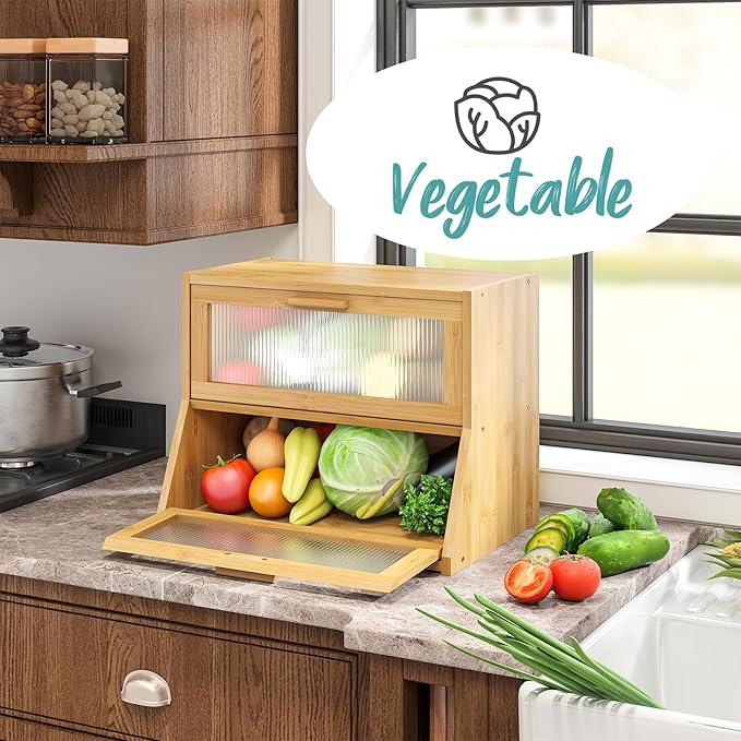 Bread Box for Kitchen Counter, Large Bamboo Wooden Double Layer Large Capacity Bread Storage Bin with Acrylic Wavy Door Panel (Natural)