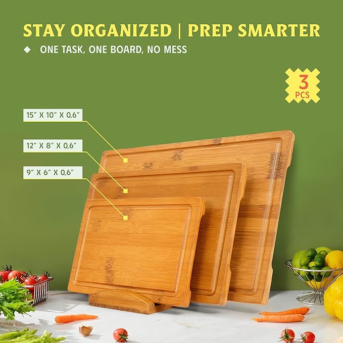 Vietnam Carbonized Bamboo Cutting Board Set of 3 with Holder, Non Toxic Reversible Boards with Juice Groove, Smooth Finish and Non Slip Feet, Handmade in Vietnam for Prep and Charcuterie