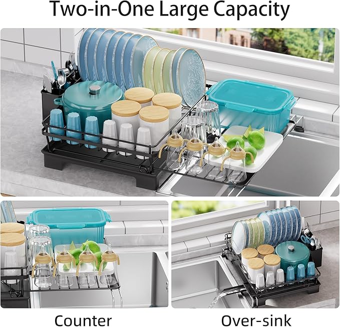 Simple Trending Dish Rack, Extendable Sink Dish Drying Rack for Kitchen Counter, Large Anti-Rust Dish Drainer with Utensil Holder, Black