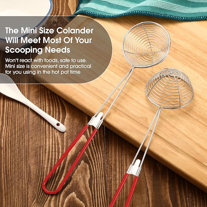 Geiserailie 10 Pieces 6 Pieces Hot Pot Kit Strainer Scoops Stainless Steel 2.5 Inch Mini Spider Strainer Skimmer Pasta Mesh Spoon Asian Skimmer Spoon Ladle with Handle for Home (Red)