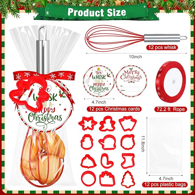12 Sets Christmas Whisk Gifts Include 10 Inch Stainless Steel Silicone Whisk Xmas Hollow Molds Greeting Cards Ribbons for Neighbor Family Friends Baking Cooking Enthusiast Supplies