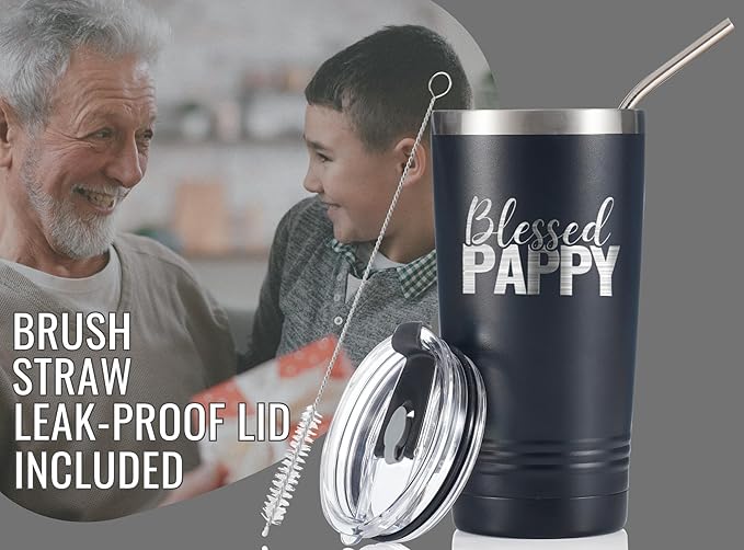 Onebttl Pappy Gifts, Grandpa Father's Day Gifts from Grandchildren, Laser Engraved Design, 20oz/590ml, Stainless Steel Tumbler with Straw & Lid, Black - Blessed PAPPY
