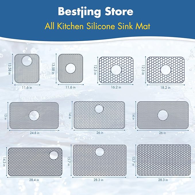 2 Pack Silicone Kitchen Sink Protector Mat with Rear Drain - 13.58''x 11.6'' Kitchen Sink Accessory, Folding Non-Slip Heat Resistant Mat Grid for Bottom of Porcelain Stainless Steel