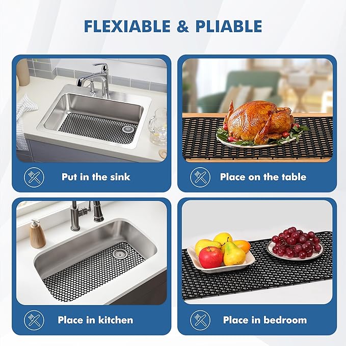 Silicone Sink Protectors for Kitchen Sink - 28.4"x 14.3" Kitchen Protector Accessory, Non-Slip Heat Resistant Mat for Bottom of Farmhouse Porcelain Stainless Steel(Top Right Drain Hole,Black)