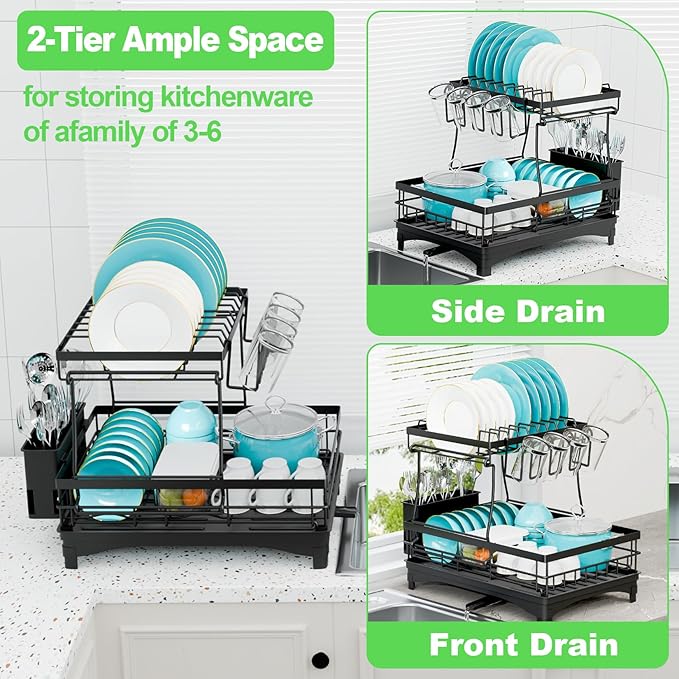 Dish Drying Rack 2-Tier, Large Dish Drying Rack for Kitchen Counter, Double Rustproof & Auto-Drain Multifunctional Organizer with Removable Utensil Holder, Cup Holder, for Plates, Cups, Knife fork