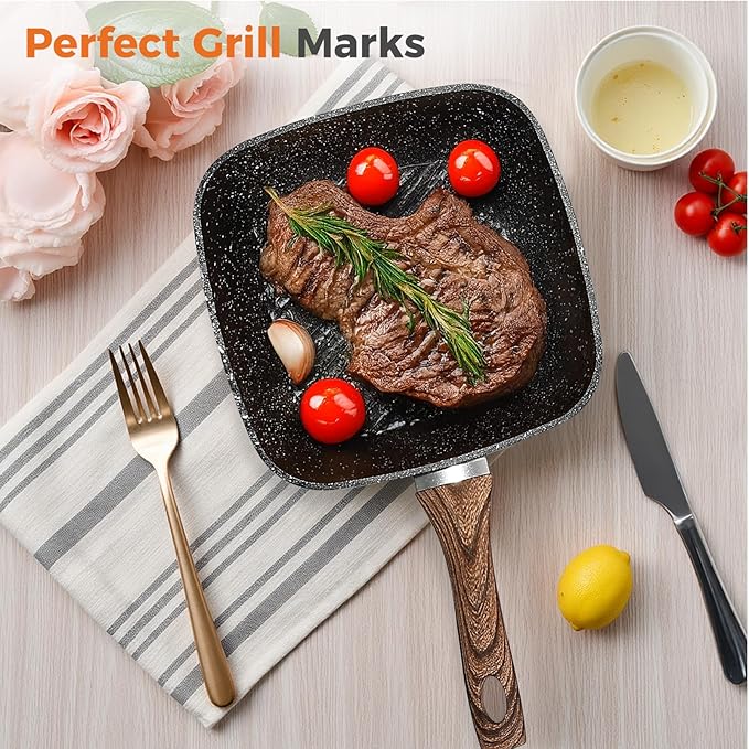 3 Pieces Nonstick Grill Pan Set – Square Griddle Pans with Wooden Handle, Compatible with All Stovetops, Perfect for Steak, BBQ, Vegetables (9.5", 10.2", 11") Deep Black