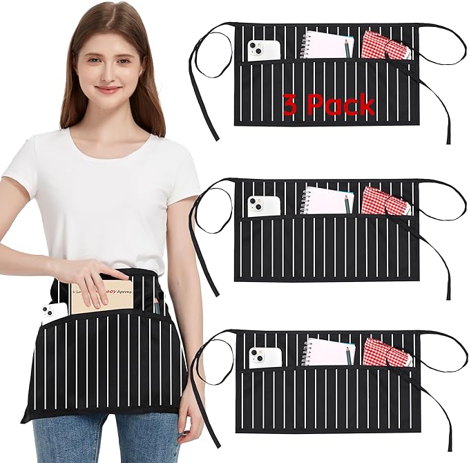 3 Pack Waist Apron with 3 Pockets, Unisex Black Waiter Aprons, Water Resistant Server Aprons for Restaurant Chef Bar