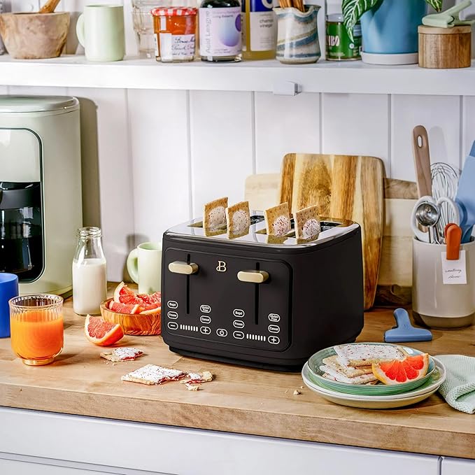 Beautiful 4-Slices Toaster with Touch-Activated Digital Display, Extra-Wide Self-Adjusting Slots, Adjustable Shade Control by Drew Barrymore (Black Sesame)