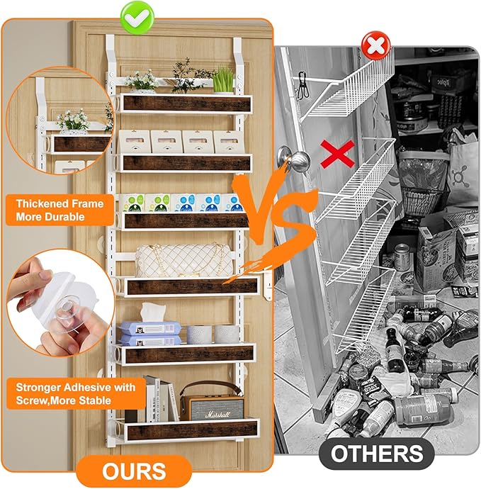 Over The Door Pantry Orangizer,6 Tier Wall Mounted or Hanging Spice Rack with Adjustable Wood Basket,Metal Heavy Duty Behind Door Storage Shelf for for Kitchen Pantry and Bathroom