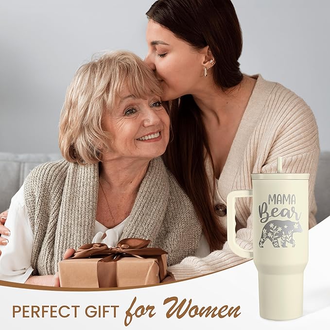 Mom Tumbler with Handle 40oz, Mama Bear Cup Stainless Steel Insulated Tumblers Coffee Travel Mug, Gifts for Moms from Daughter Son, Best Mother Gift for Christmas Birthday Mothers Day