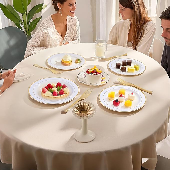 WELLIFE 60 PCS Gold Plastic Dessert Plates and 60 PCS Forks, 6.3 inch Disposable Salad Plates, Premium White Appetizer Plates with Gold Rims, Perfect for Party and Christmas
