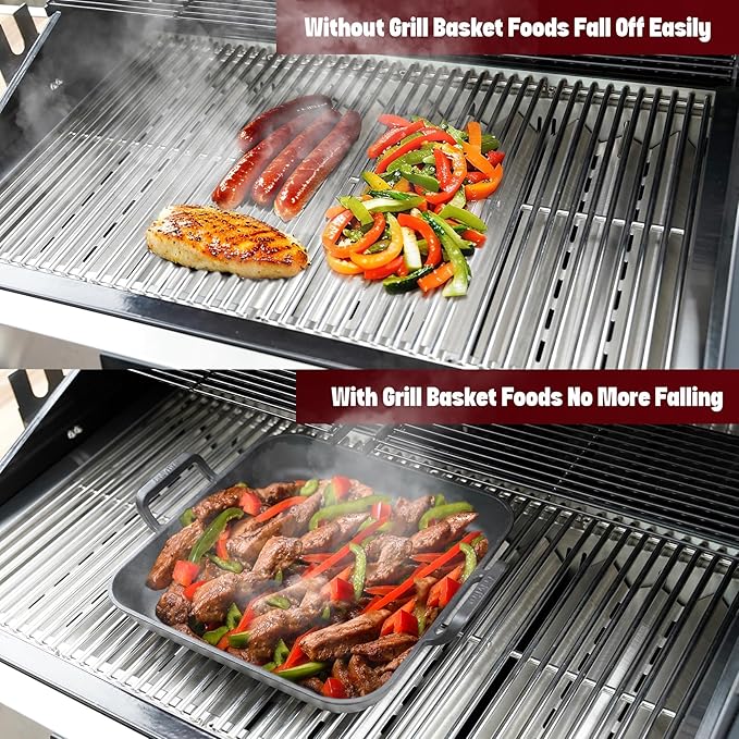 Onlyfire Pre-Seasoned Cast Iron Skillet, 12 Inch Square Steak Pan Frying Pan with Nonstick Perforated Grill Surface and Dual Handles, Cast Iron Grill Pan for Grills, Oven and All Stovetops