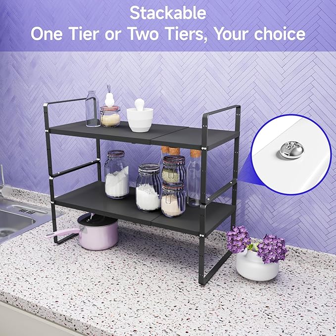 16.5-27’’L Expandable Cabinet Countertop Shelf Organizer, Stackable Metal Shelves, Kitchen Organizers and Storage, Black Storage Spice Rack for Pantry and Cupboard