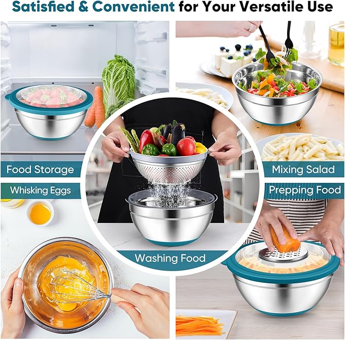 P&P CHEF Mixing Bowls with Lids Set of 3, Stainless Steel Mixing Bowl and Colander for Kitchen, 3 Grater Attachments & Non-Slip Bottoms, Visible & Airtight Lid, Blue