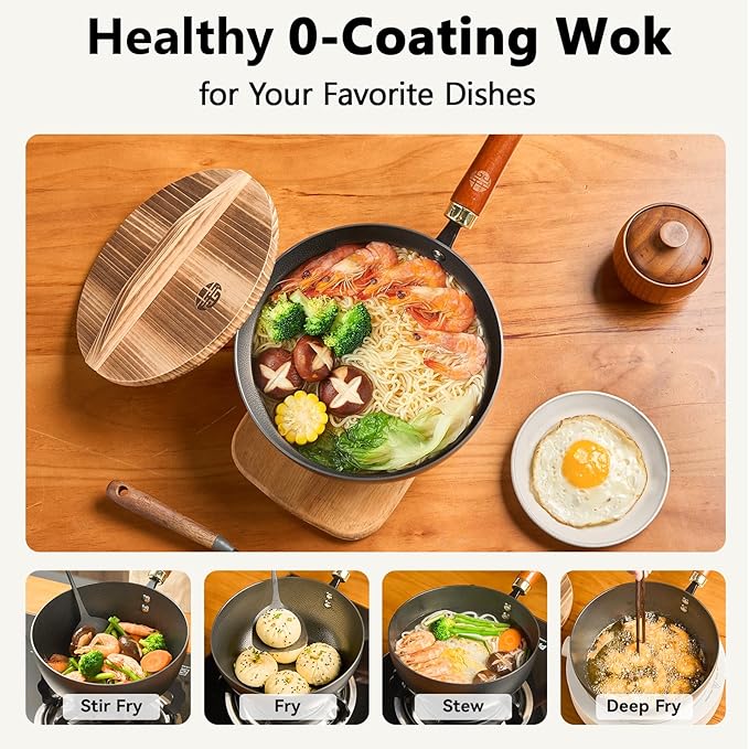 WANGYUANJI 8.7" Flat Bottom Iron Wok – Small Stir Fry Pan with Wooden Lid, No Coating, Induction Compatible, Ideal for Everyday Cooking