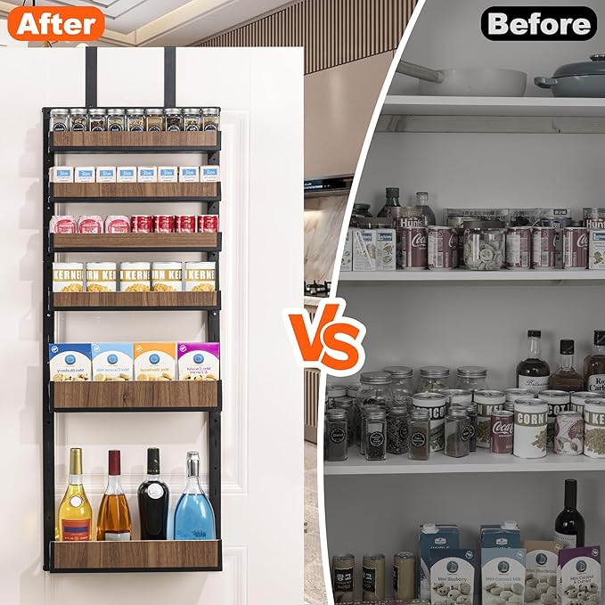Aquzee Over the Door Pantry Organizer, 6-Tier Spice Rack Wall Mount, Adjustable Wooden Baskets, Haning/Mounting 2 in 1 Heavy-Duty Metal Hanging Door Organizer Storage for Kitchen, Cabinet and Closet