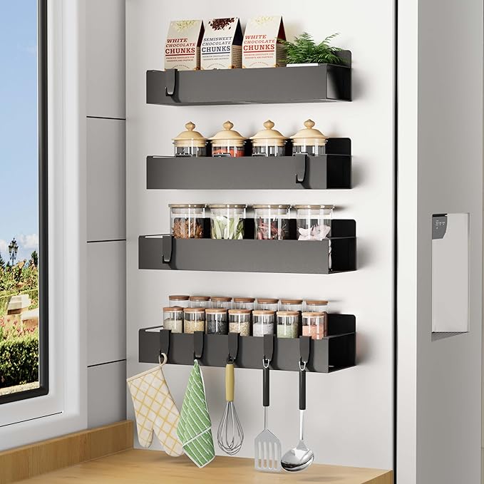 Homaxy Magnetic Spice Rack for Refrigerator，Fridge Organizer for Kitchen Organization and Storage, 4 Pack (Black) Metal Shelf with 8 Moveable Hooks