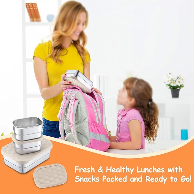 Homikit 3 Pack Kids Lunch Box Set, 18/10 Stainless Steel Bento Boxes with Silicone Lids Leak Proof, 5 Cups Reusable Metal Food Snack Containers for School Daycare, Nontoxic & Dishwasher Safe, Khaki