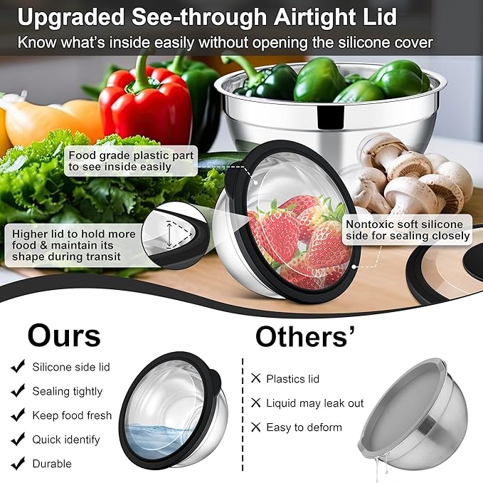 E-far Mixing Bowls Set of 5, Stainless Steel Salad Mixing Bowl with Transparent Lid, Metal Nesting Bowl Attach with 3 Graters for Kitchen Prepping/Serving/Baking/Storage, 4.6/2.6/1.5/1/0.7 QT - Black