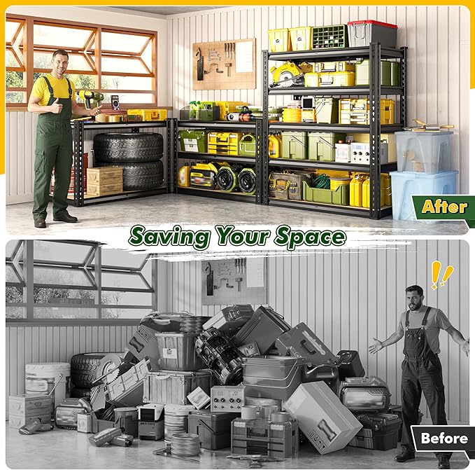 60.1" H Garage Storage Shelves 1990LBS Storage Shelves, 5 Tier Adjustable Metal Shelving, Garage Shelving for Storage, Basement, Warehouse, Pantry, Kitchen, 27.5" W x 11.9" D x 60.1" H, Black, 2 Pack