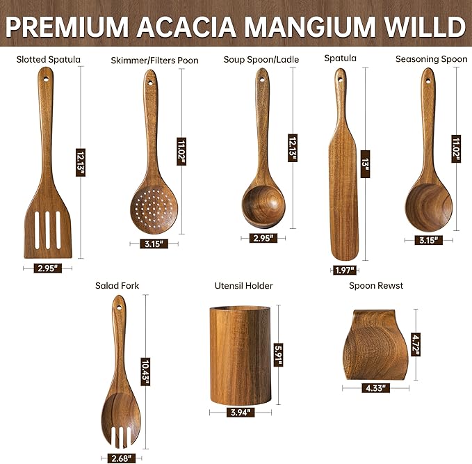 8 PCS Acacia Wooden Utensil Set with Holder, Spoon Rest, Durable Wooden Spoons for Cooking, Heat-Resistant, Comfort Grip,Easy to Clean, Non-stick Friendly, Ideal for Gifting
