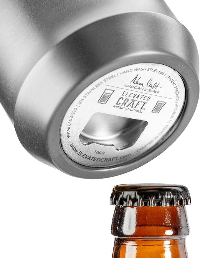 Elevated Craft Hybrid Vacuum Insulated Stainless Steel Base with Removable Pint Glass Insert, Ideal Insulation for Beers & Cold Beverages with Built-in Bottle Opener, Durable & Stylish, Black (16 oz)
