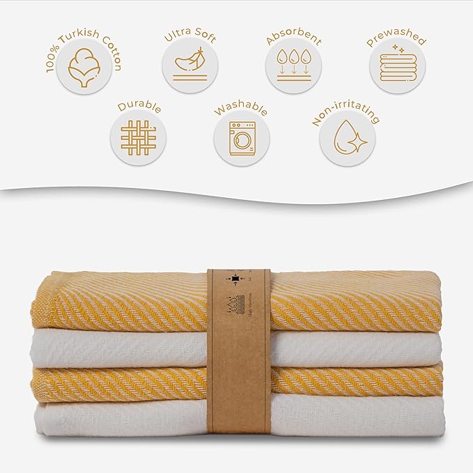 Kitchen Hand Towels - 4 Pack, (20" x 30") - Soft & Quick Dry - Versatile as, Turkish Kitchen Towels, Cozy Hand Towel, Vintage Kitchen Towels, Dishcloths, Mustard and Ecru
