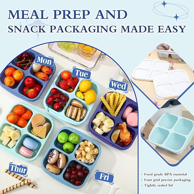 Honeydak 10 Pack Snack Container 4 Compartment Reusable Bento Snack Boxes Divided Lunch Containers with Lids Meal Prep Lunch Food Storage Boxes for School Work Travel (Glacier Color)