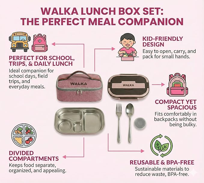WALKA Lunch Box Stainless Steel, Metal Bento Boxes Leak-Proof, 4 Compartments Bento Lunch Box, Food Storage Containers, Dishwasher Safe with Bag (Pink)