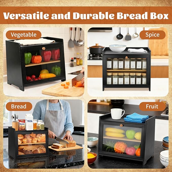 Bamboo Bread Box for Kitchen Countertop, Double Layer Large Capacity Bread Storage Cabinet with Removable Cutting Board, Farmhouse Breadbox Container Organizer Bins for Pantry Shelf Cupboard (Black)