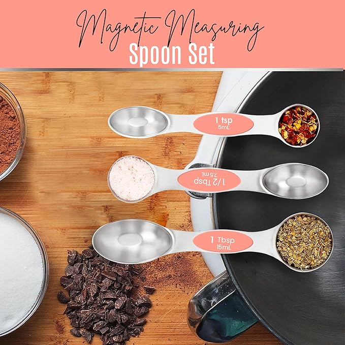 Magnetic Measuring Spoons Set of 9 Stainless Steel Dual-Sided Stackable Measuring Spoon Nesting Teaspoons Measuring Dry and Liquid Ingredients, Fits in Spice Jars Set of 9 (Peach)