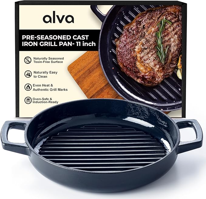 Alva Nori Enameled Cast Iron Grill Pan, 11" – Made With No PFAS/PTFE/PFOA, Oven & Induction Safe – 3-Layer Enamel, No Seasoning Needed – Durable, Easy-Clean Bakeware for Healthy Cooking, Black