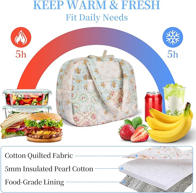 Quilted Lunch Box for Women,Cute Coloful Patchwork Lunch Bags for Work, School,Office,Picnic,Travel (coloful floral)