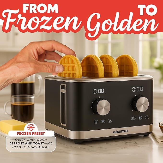 Gourmia 4 Slice Toaster, Double-Sided – Dual Independent Controls, Bagel, Defrost & Reheat Mode, 6 Browning Levels, Extra Wide Slots, Removable Crumb Tray, Compact Design, Black