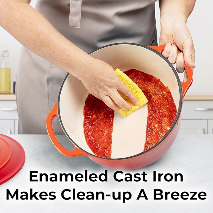 Zulay Kitchen 6 Quart Enameled Cast Iron Dutch Oven Pot with Lid – Premium Durability & Oven Safe up to 500°F – Heavy Duty Cookware Perfect for Bread Baking, Stews, Braising & Roasting – Orange