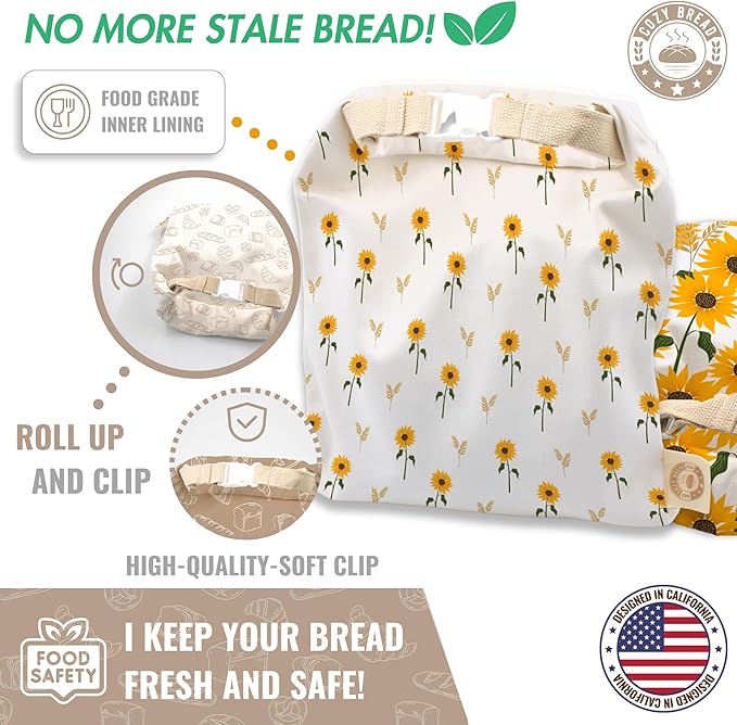 Cozy Bread® Reusable Bread Bag Set for Home Bakers | USA Brand | Charming Designs (Sunflower)