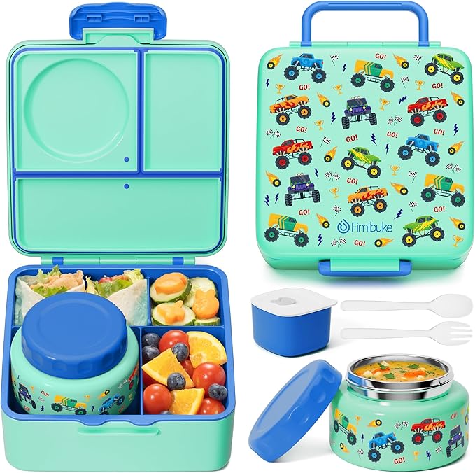 Fimibuke Bento Box for Kids Adult, BPA Free & Leakproof Toddler Lunch Box with 8.5oz Insulated Food Jar, Utensils & Sauce Jar, Dishwasher Safe 3 or 4 Compartment Container for School Girl Boy
