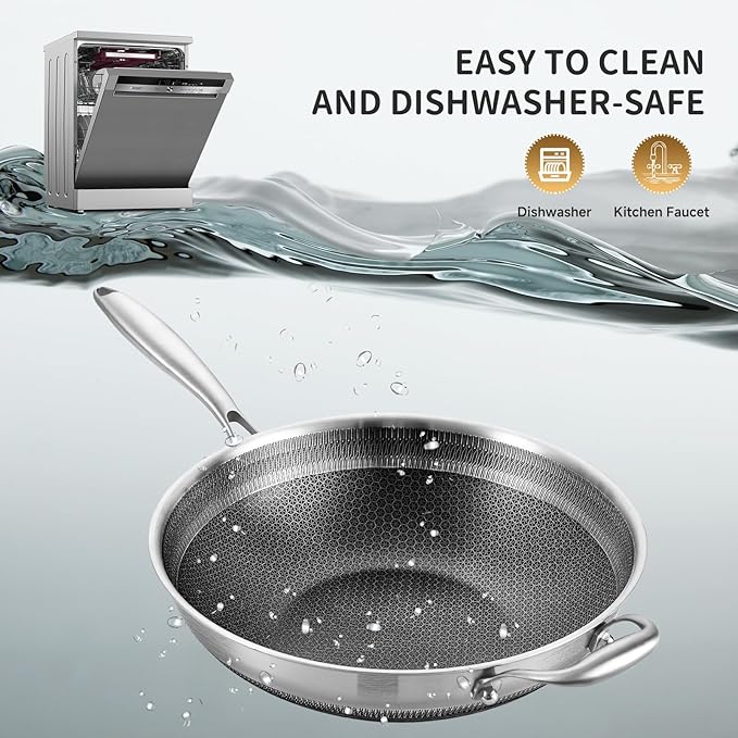 LOLYKITCH 13-inch Nonstick Wok & Stir-fry Pan with Lid, Induction Compatible, Tri-ply Stainless Steel Ceramic Coating Cookware, Perfect for Stir-frying, Sauté, and Simmering, Dishwasher and Oven Safe