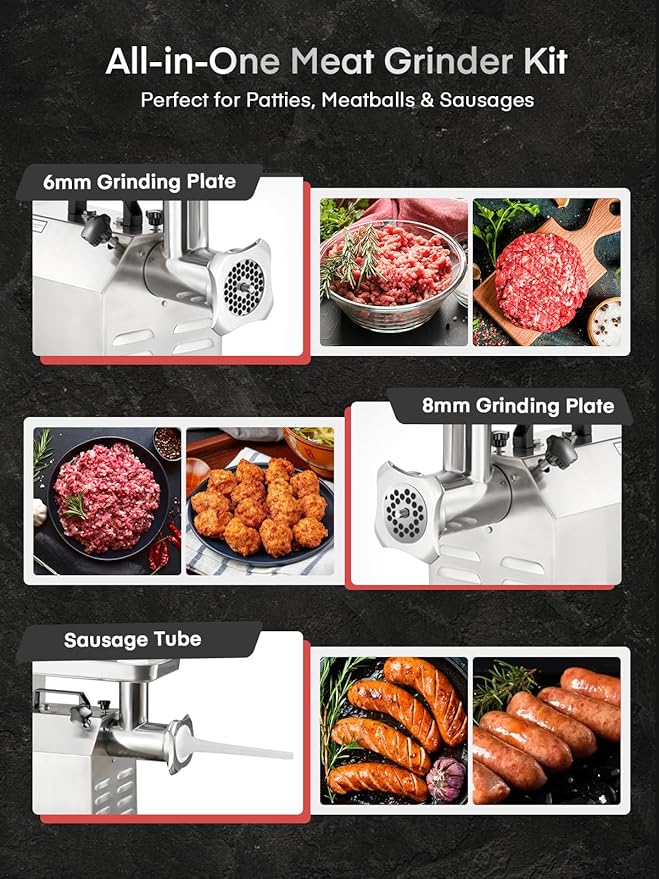 #12 Commercial Meat Grinder, 840 LB/H,1.2HP, Heavy Duty Industrial Meat Grinder, Sausage Stuffing Machine with 2 Stainless Steel Blade, 2 Grinding Plates, Sausage Kit (#12-840LB/H)