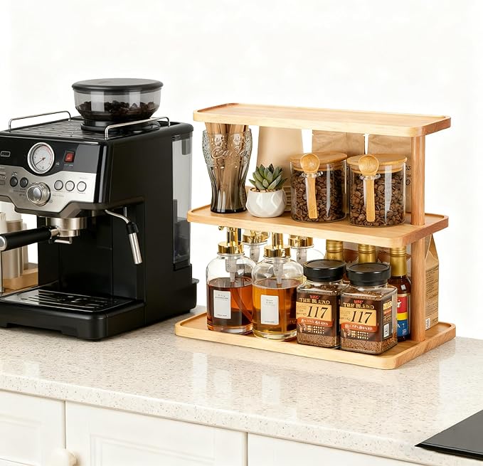 3-Tier Bamboo Mug Holder Countertop Coffee Station Organizer Spice Rack Shelf Mug Rack for Kitchen Cabinets